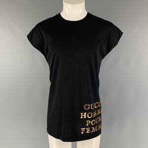 GUCCI Size XXS Black Gold Embroidery Cotton Sleeveless T-shirt